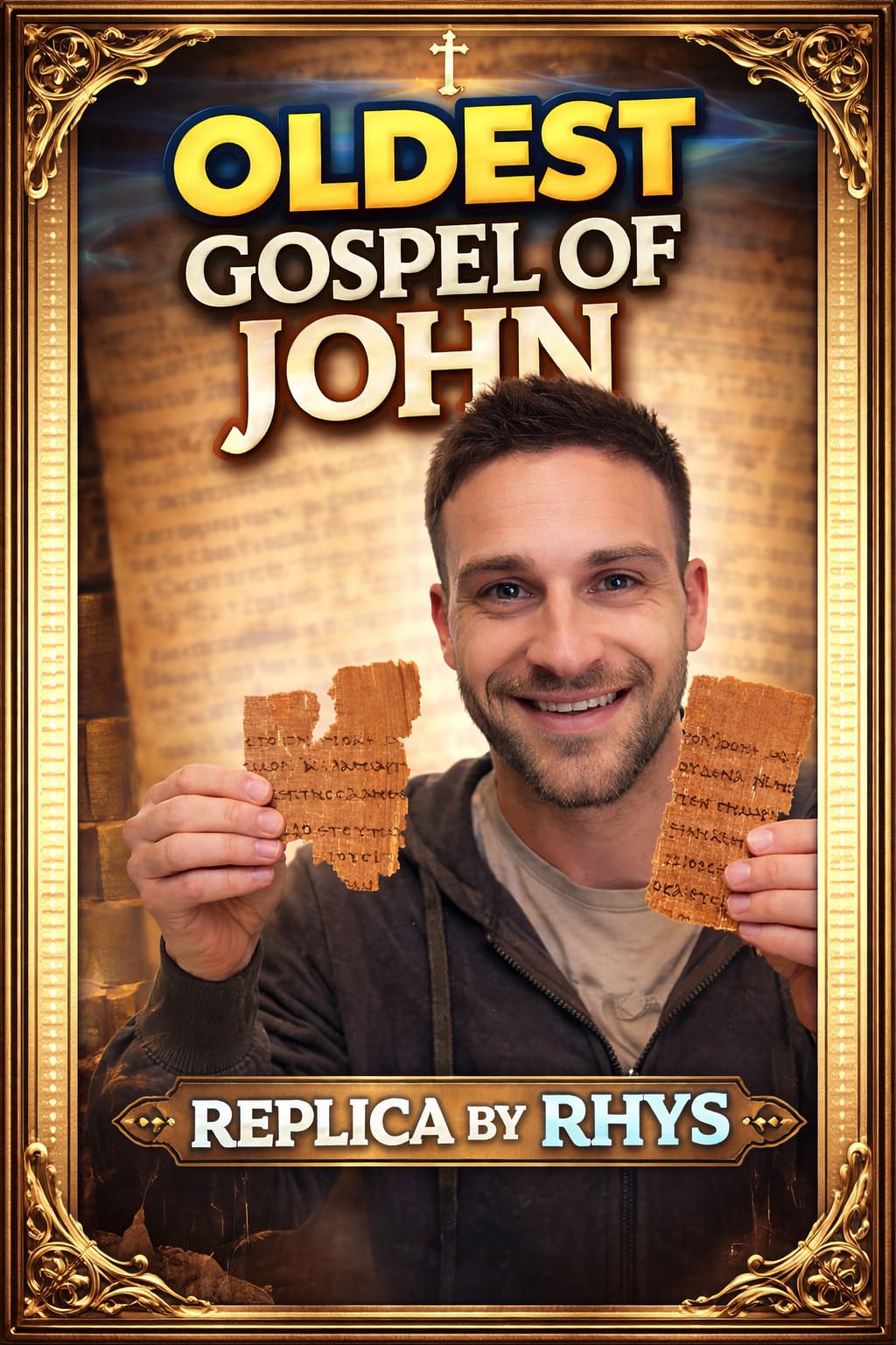 Rhys with ancient manuscript replicas